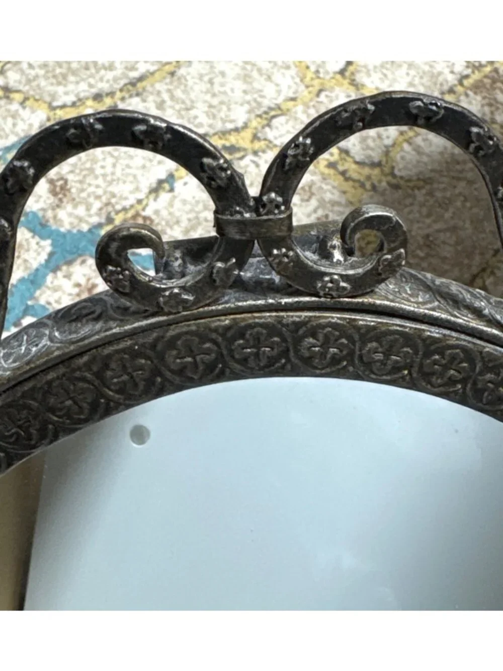 Vintage Ornate Oval Vanity Mirror With Cast Metal Frame & Decorative Stand